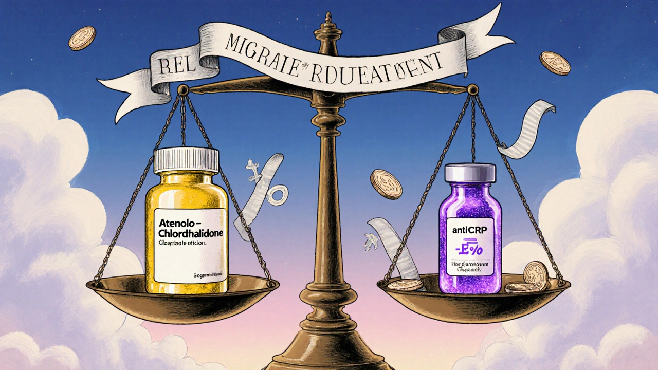 Balance flottante contenant une pilule et une seringue, entourées de pourcentages et de pièces d&#039;or sous un ciel crépusculaire.