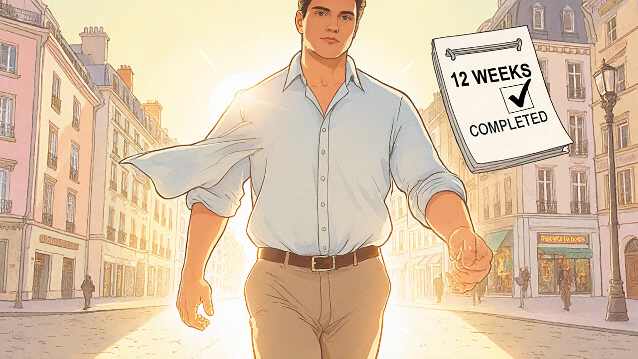 Homme marchant confiant sur un boulevard parisien, calendrier indiquant 12 semaines terminées, aura autour du bas-ventre.