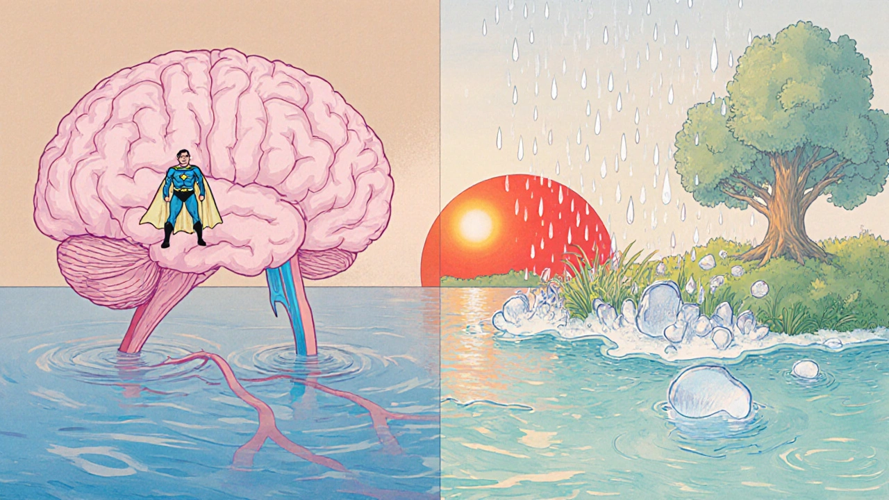 Vue intérieure du cerveau avec un fleuve calme, un personnage d&#039;atenolol atténuant la lumière rouge, et du chlorthalidone éliminant le sel.