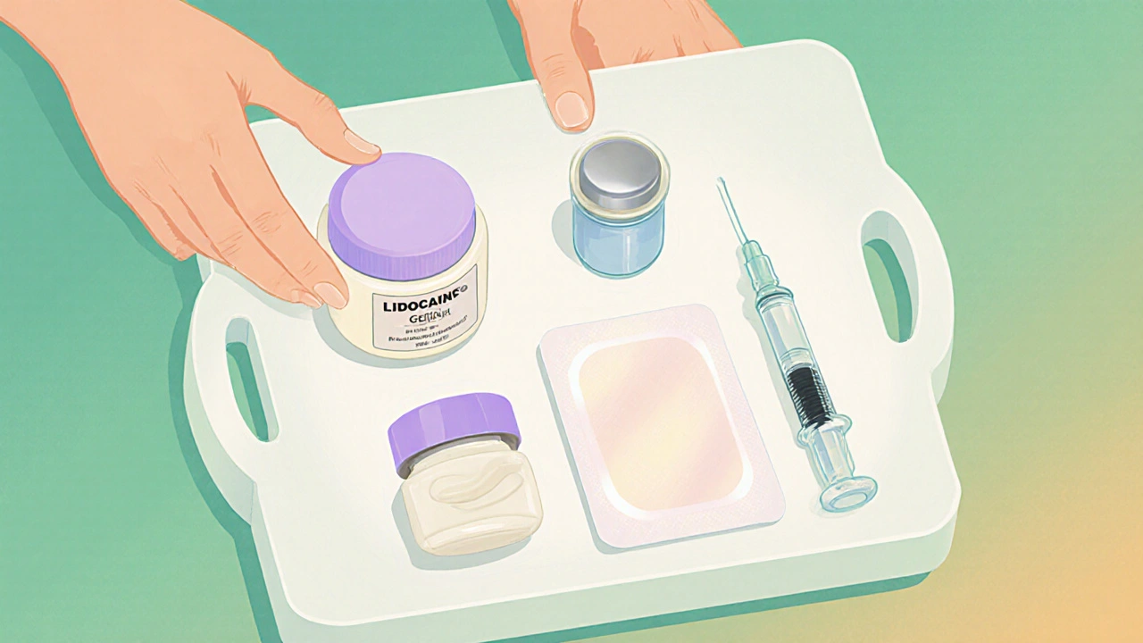 Différents formats de lidocaïne (crème, gel, patch, injection) présentés sur une table médicale.