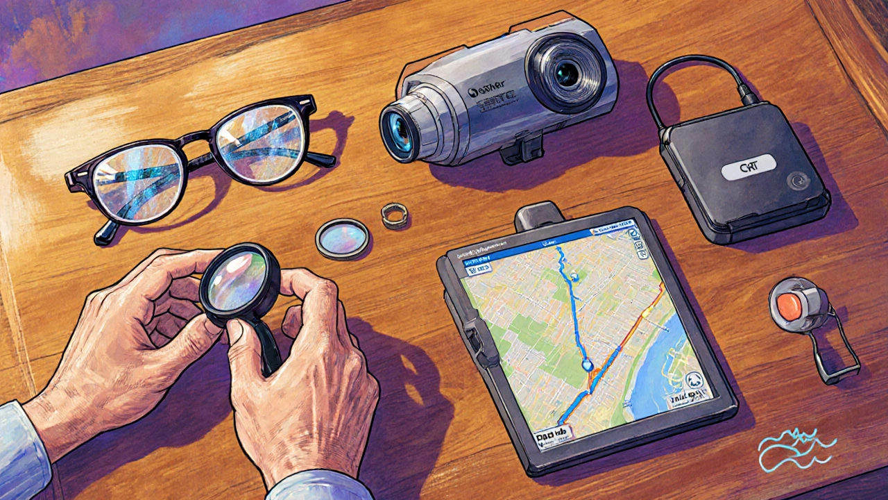 Diverses aides visuelles – lunettes HD, loupe électronique, CCTV, filtre anti-éblouissement, GPS – disposées sur une table.