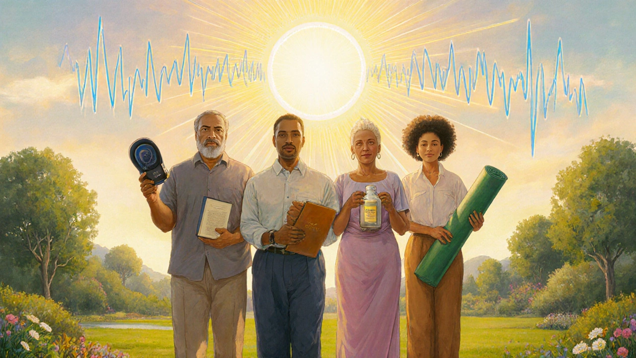 Groupe de personnes dans un jardin au lever du jour, tenant des outils de gestion des acouphènes, baigné de lumière dorée.