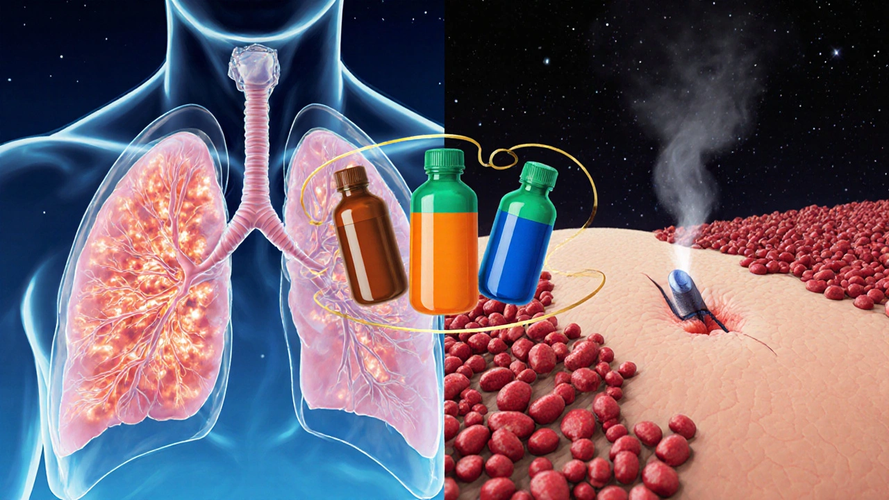Lungs with MAC bacteria and skin with M. abscessus, three medication bottles floating between.