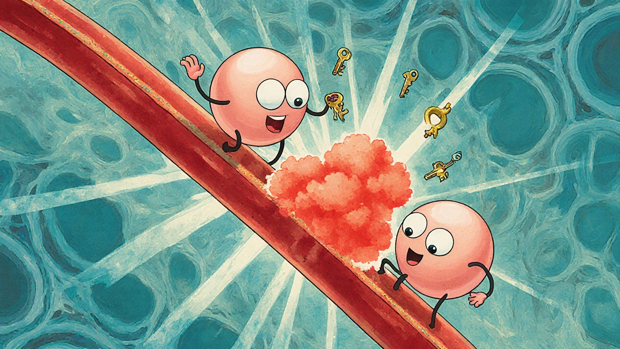 Mastocytes cartoon libérant de l’histamine autour d’anticorps IgE, tableau coloré.