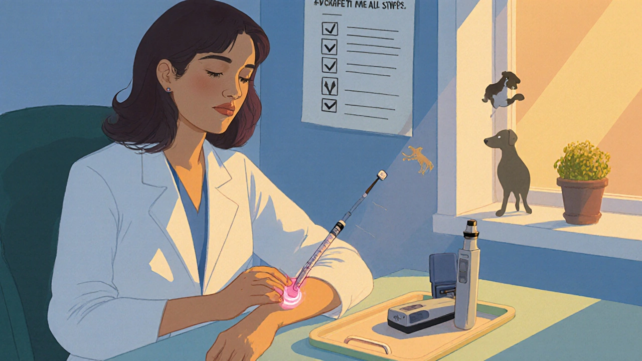 Médecin effectuant un test cutané d’allergie, patient avec auto‑injecteur, style illustratif.