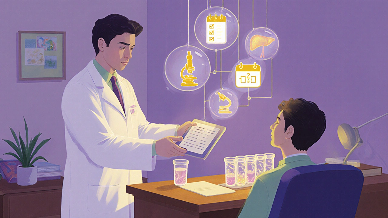 Médecin, patient et éléments de suivi clinique comme tubes de laboratoire et icônes de checklist.