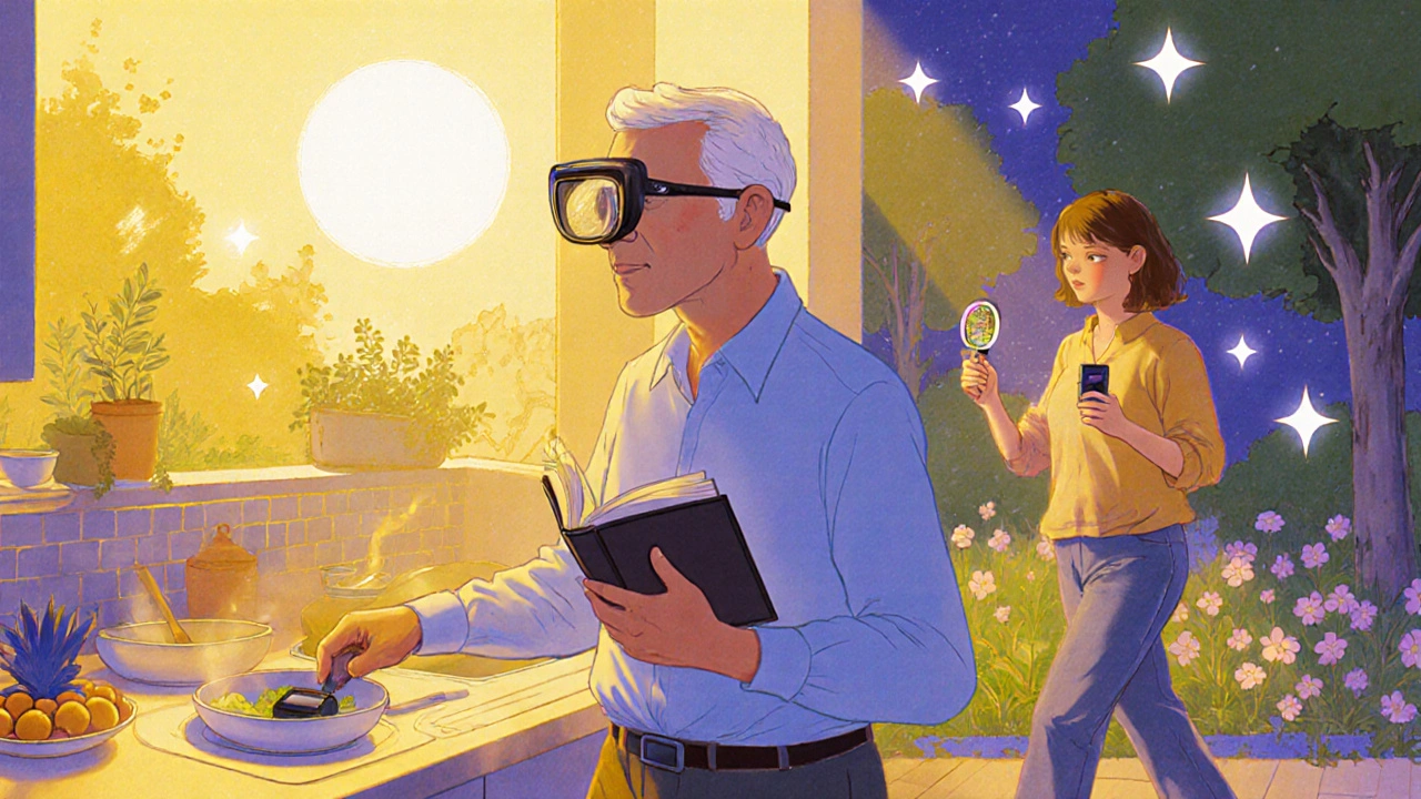 Personne malvoyante utilisant lunettes, loupe et GPS pour cuisiner, lire et se déplacer.