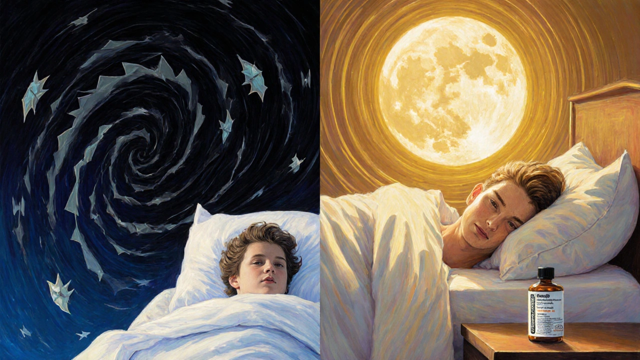 Scène divisée : une personne en détresse la nuit à gauche, paisible et endormie à droite, avec des ondes sonores contrastées.