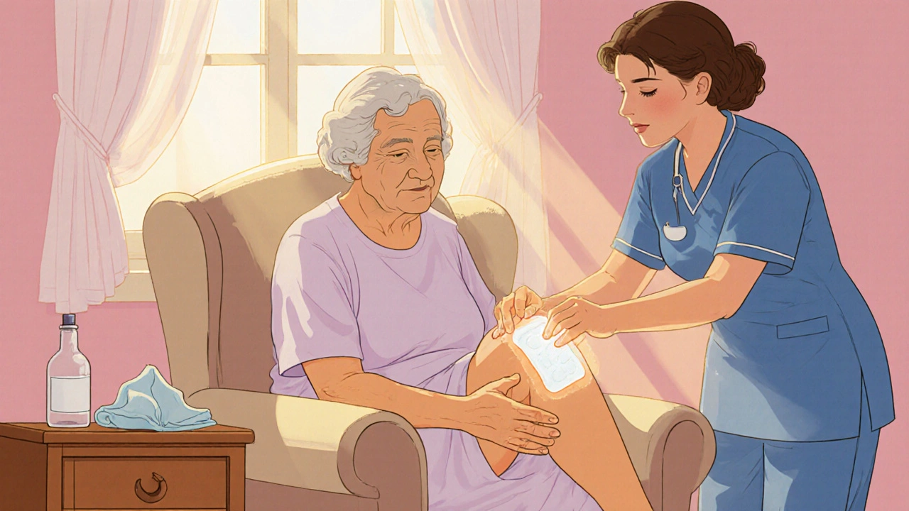 Soins d&#039;une ulcère veineux avec un patch de lidocaïne, patient âgé et infirmière attentive.