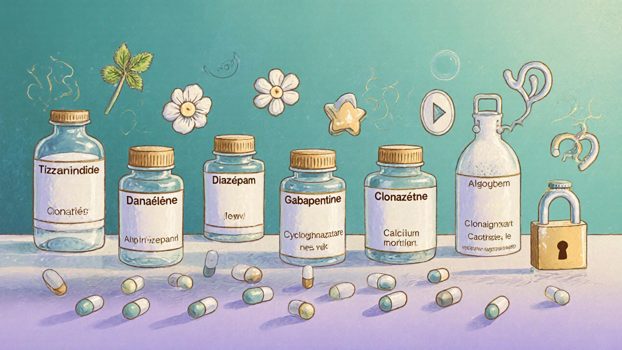 Tableau illustré de différentes pilules antispasmodiques avec icônes symboliques.