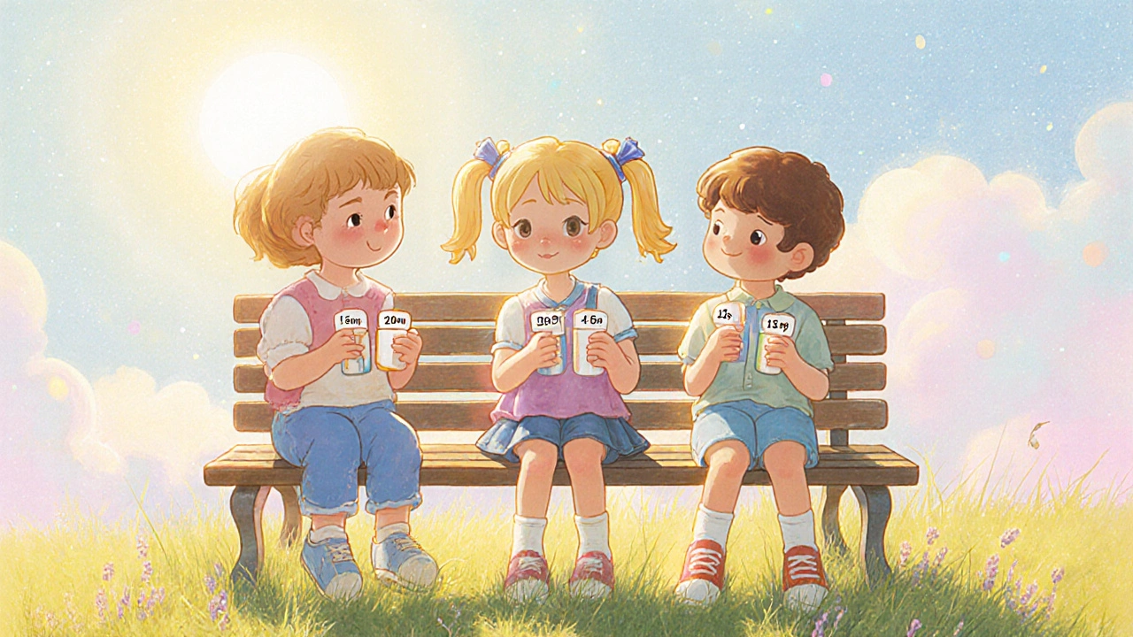 Trois enfants de différents âges montrant leurs doses de cinnarizine sur un banc.
