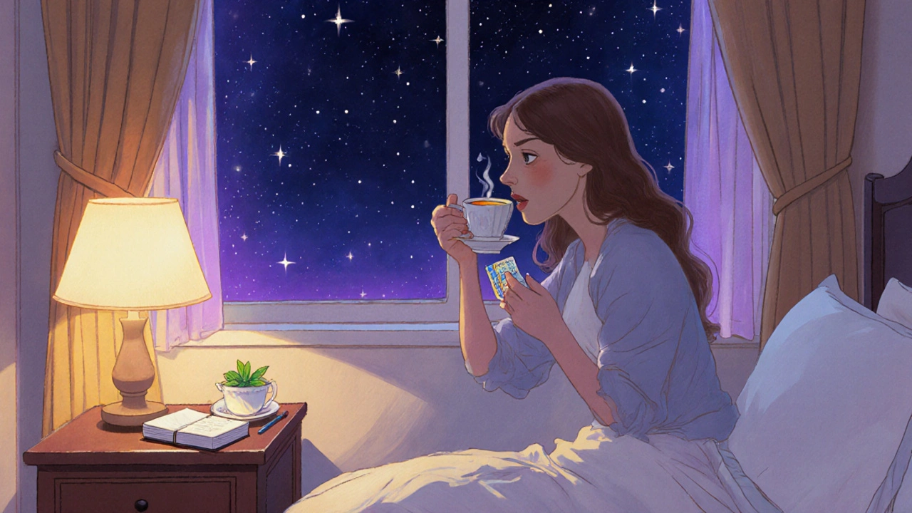 Voyageur au lit prenant un médicament et buvant une tisane nocturne.