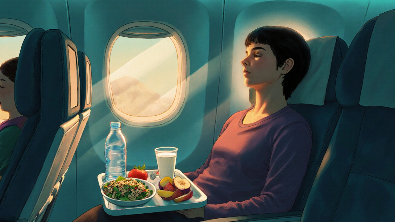 Voyageur dans l&#039;avion dégustant un encas léger et pratiquant la respiration.