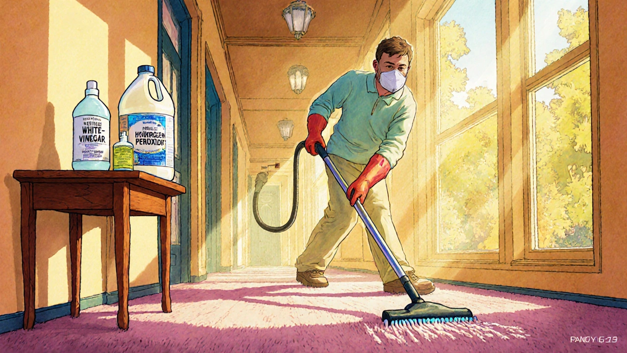 Adulte en gants nitrile utilise un aspirateur HEPA, flacons de désinfectants à côté.