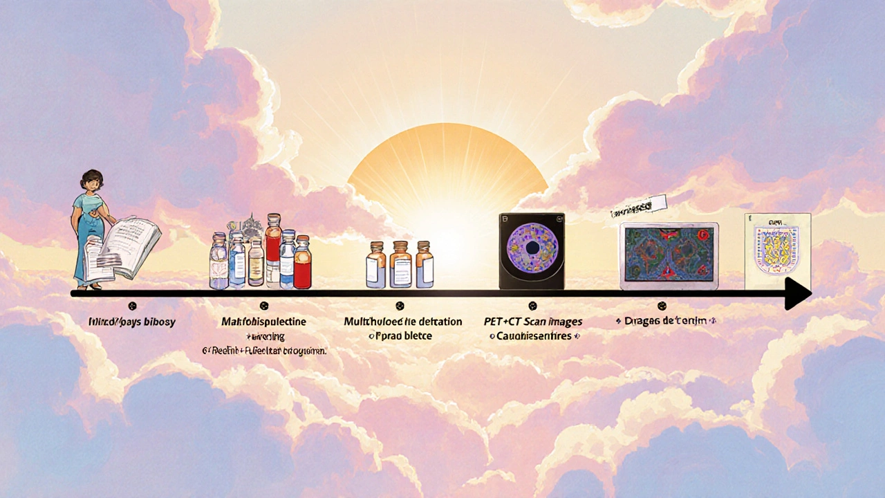 Chronologie du traitement avec biopsie, analyses, imagerie et perspectives d&#039;immunothérapie.