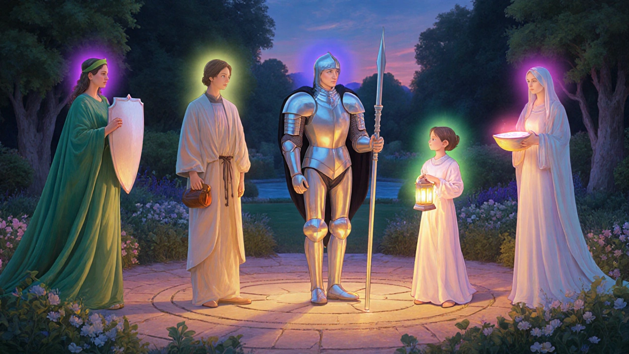 Cinq personnages symboliques représentant des alternatives à la tretinoïne, chacun d&#039;une couleur et d&#039;une aura distinctes.