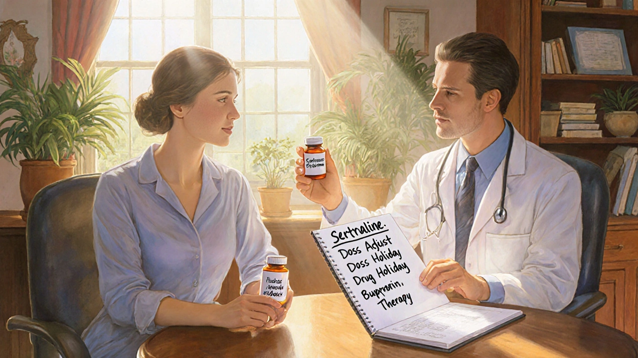 Consultation médicale apaisante avec un patient et un médecin discutant des solutions à la dysfonction sexuelle liée à la sertraline.