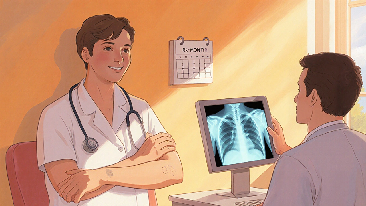 Consultation médicale avec examen dermatologique et radiographie thoracique.