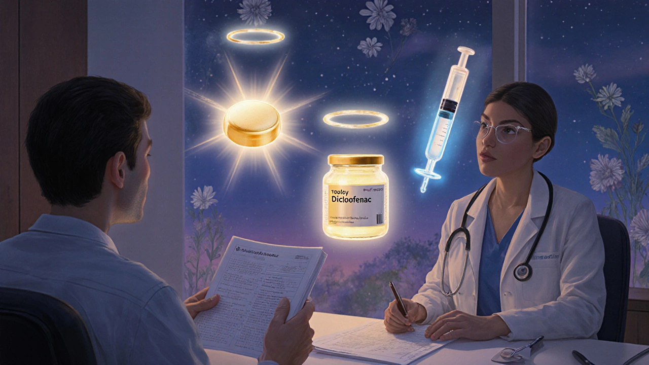 Consultation médicale avec trois alternatives sûres flottant en lumière dorée : comprimé, gel et seringue.