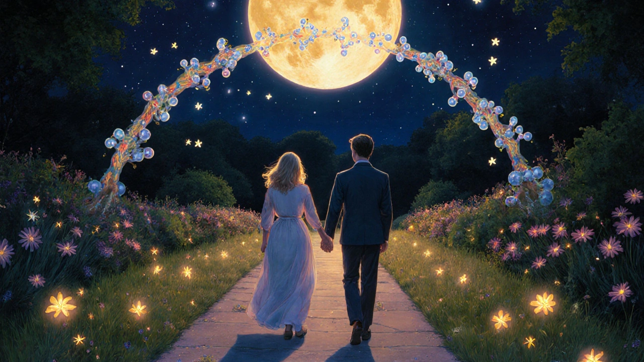 Couple marchant dans un jardin lunaire, leurs ombres fusionnées, symbolisant le retour de l&#039;intimité grâce à des alternatives naturelles.