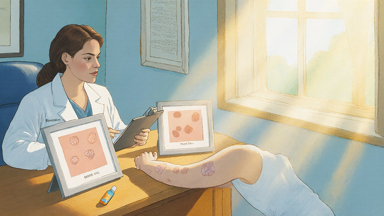 Dermatologue montrant photos avant/après d&#039;un traitement Imiquimod avec protection solaire.