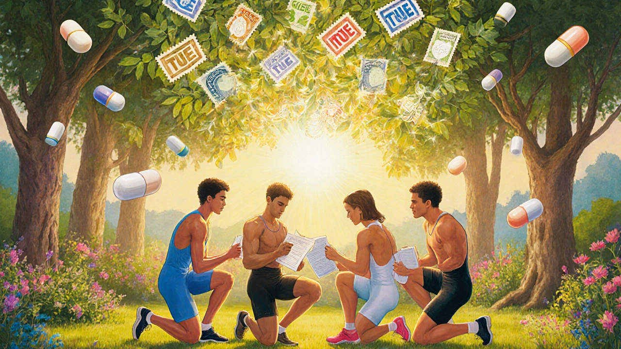 Des athlètes de différents sports kneelent dans un jardin lumineux sous un arbre aux feuilles de TUE approuvées.