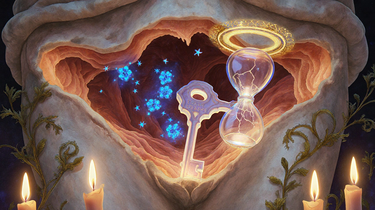 Détail anatomique stylisé d&#039;un pénis avec des molécules bleues et une clé-médicament verrouillée dans une enzyme.