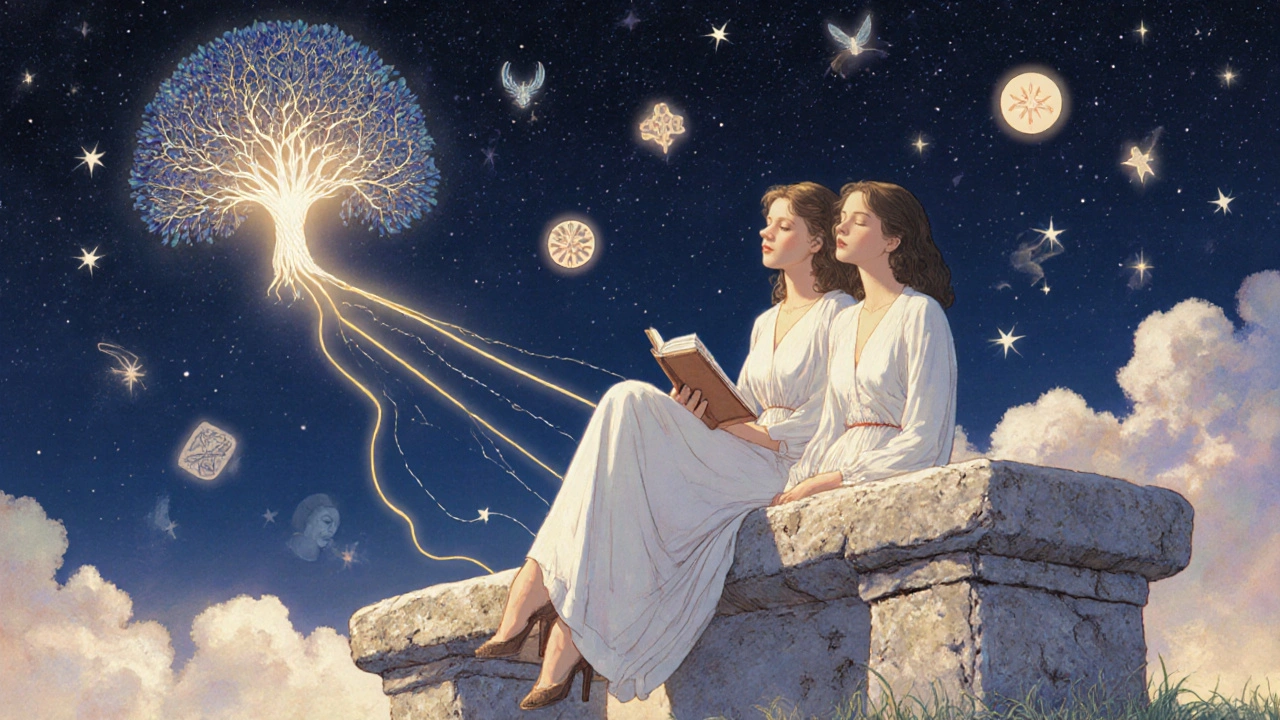 Deux femmes en paix sous un ciel étoilé, reliées par une lumière symbolisant la guérison émotionnelle.