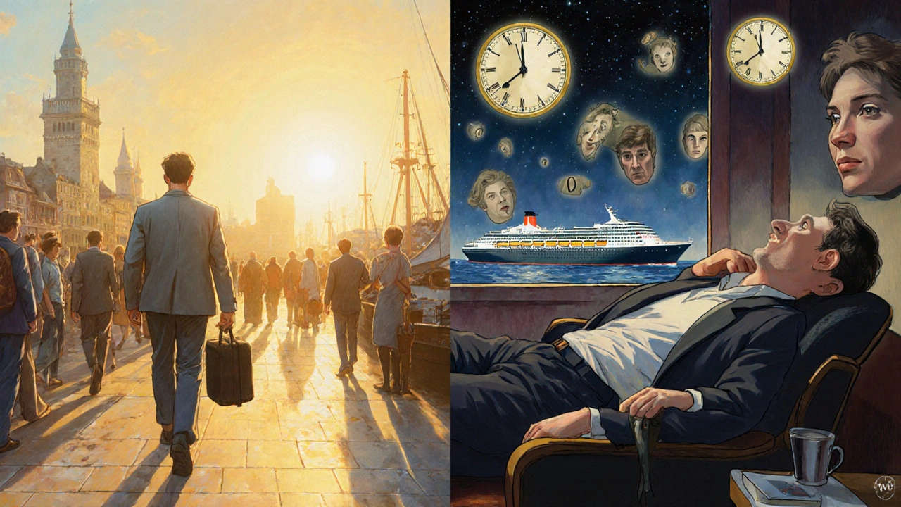 Deux versions d&#039;une même personne : l&#039;une alerte au lever du soleil, l&#039;autre somnolente et désorientée dans la brume.