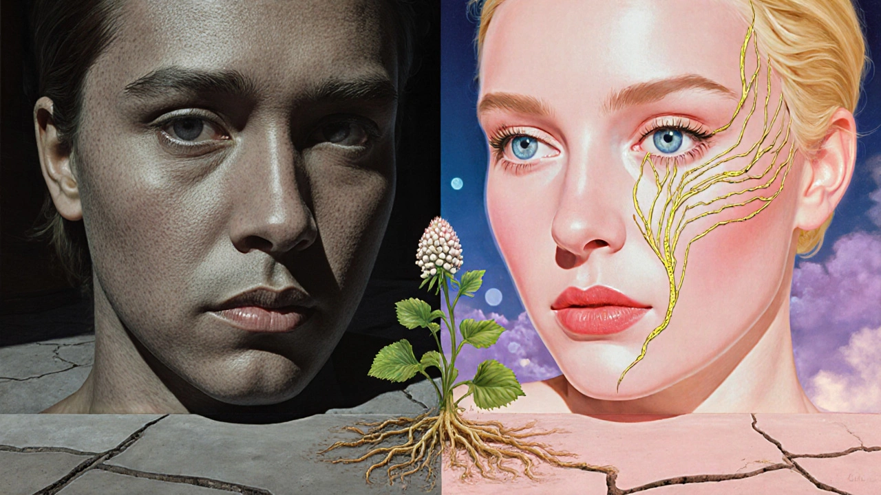 Deux visages côte à côte : l&#039;un terne et irrité, l&#039;autre lumineux et réparé, entourés de fils dorés symbolisant la guérison.