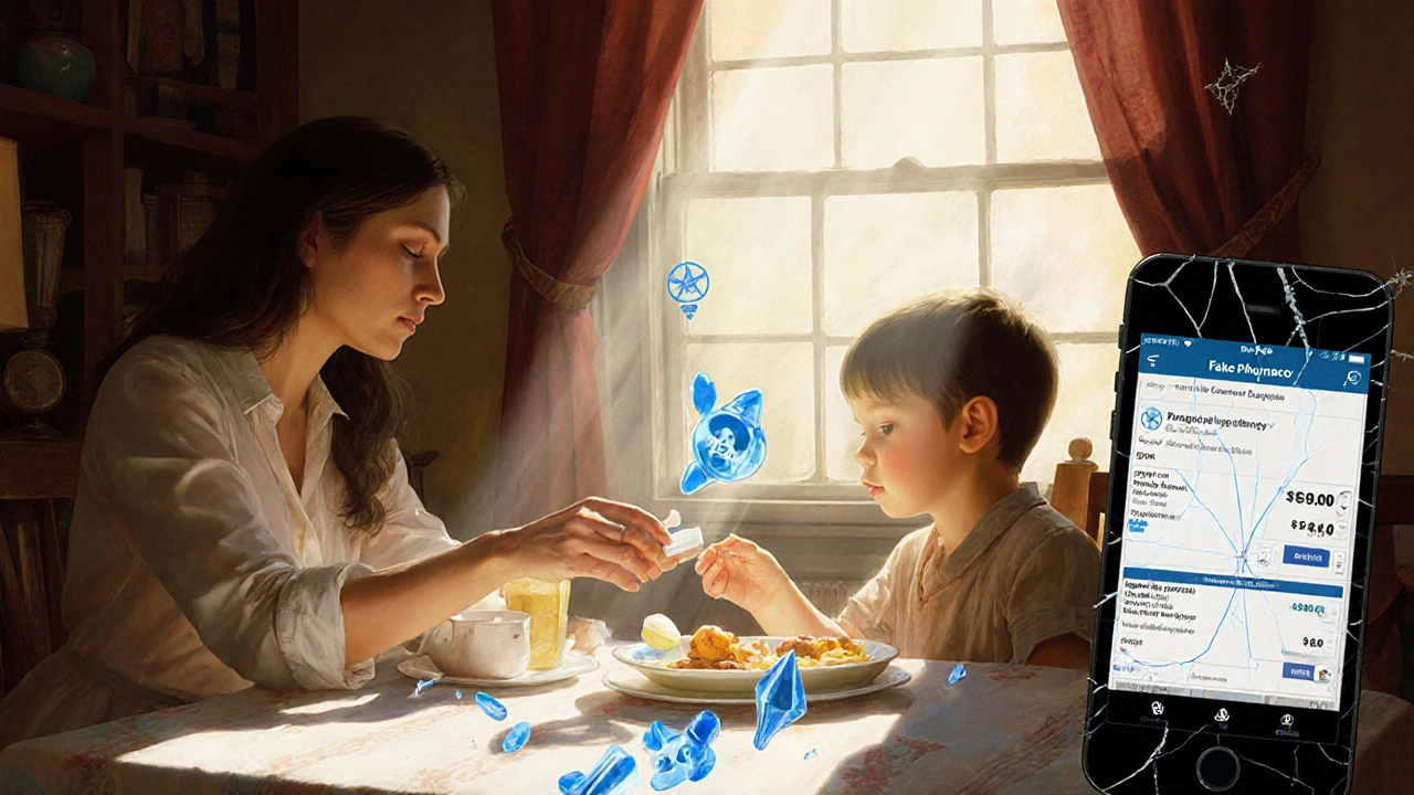 Famille au petit-déjeuner, une pilule contrefaite révèle des symboles toxiques invisibles dans la lumière du soleil.