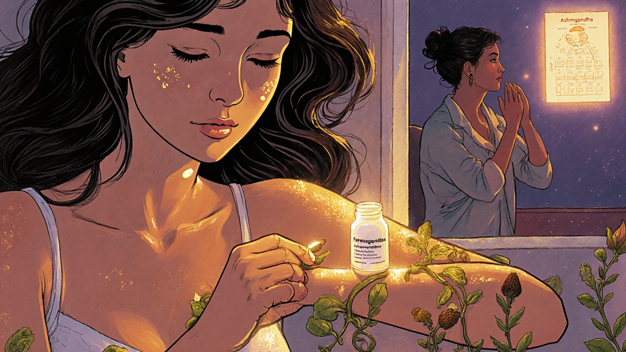 Femme appliquant un gel hormonal avec des herbes envoûtantes autour de son bras.