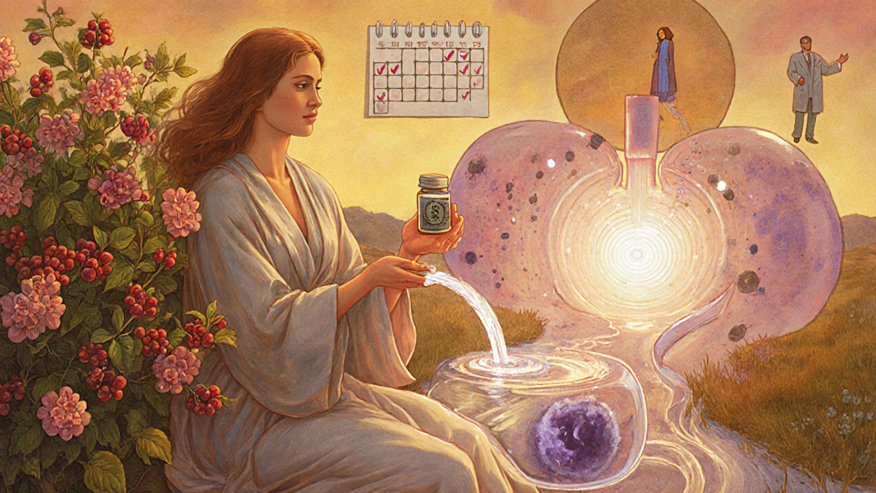 Femme tenant des probiotiques près d&#039;un buisson de canneberges, avec un flux d&#039;eau protégeant la vessie.