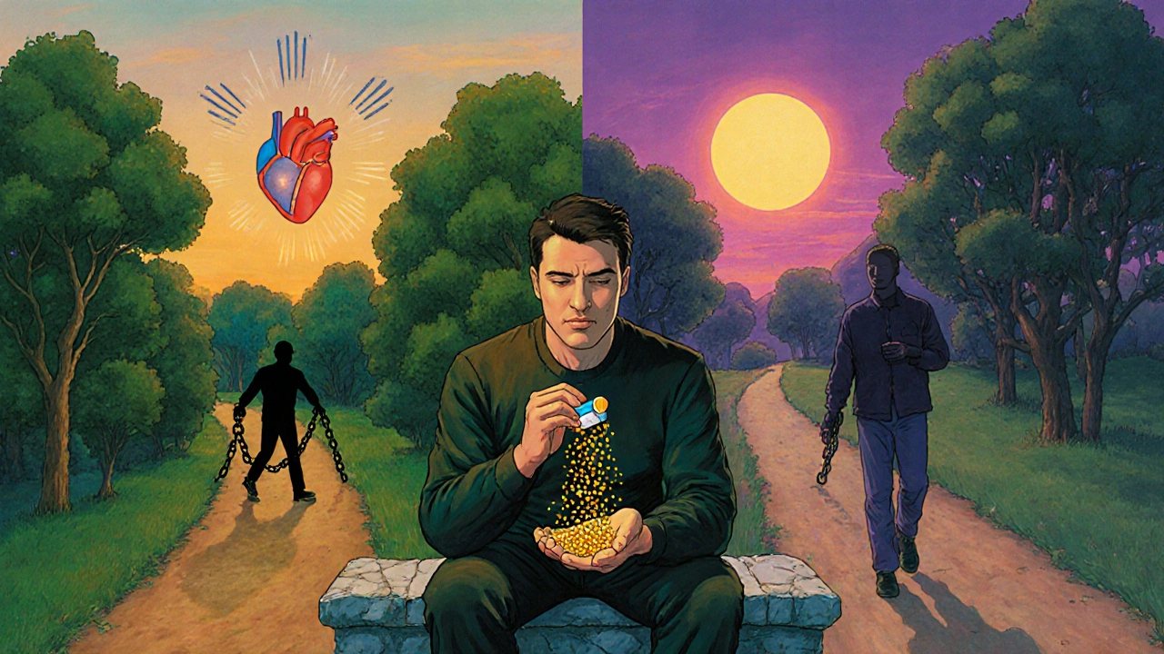 Homme tenant une pilule qui se transforme en particules dorées, avec deux chemins symboliques derrière lui.