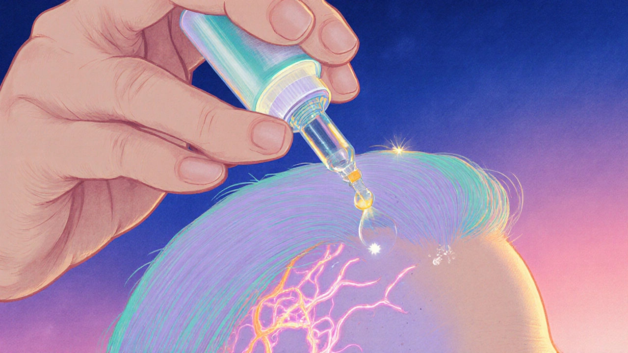 Main appliquant du minoxidil 5 % sur un cuir chevelu sec, goutte brillante et vaisseaux lumineux.