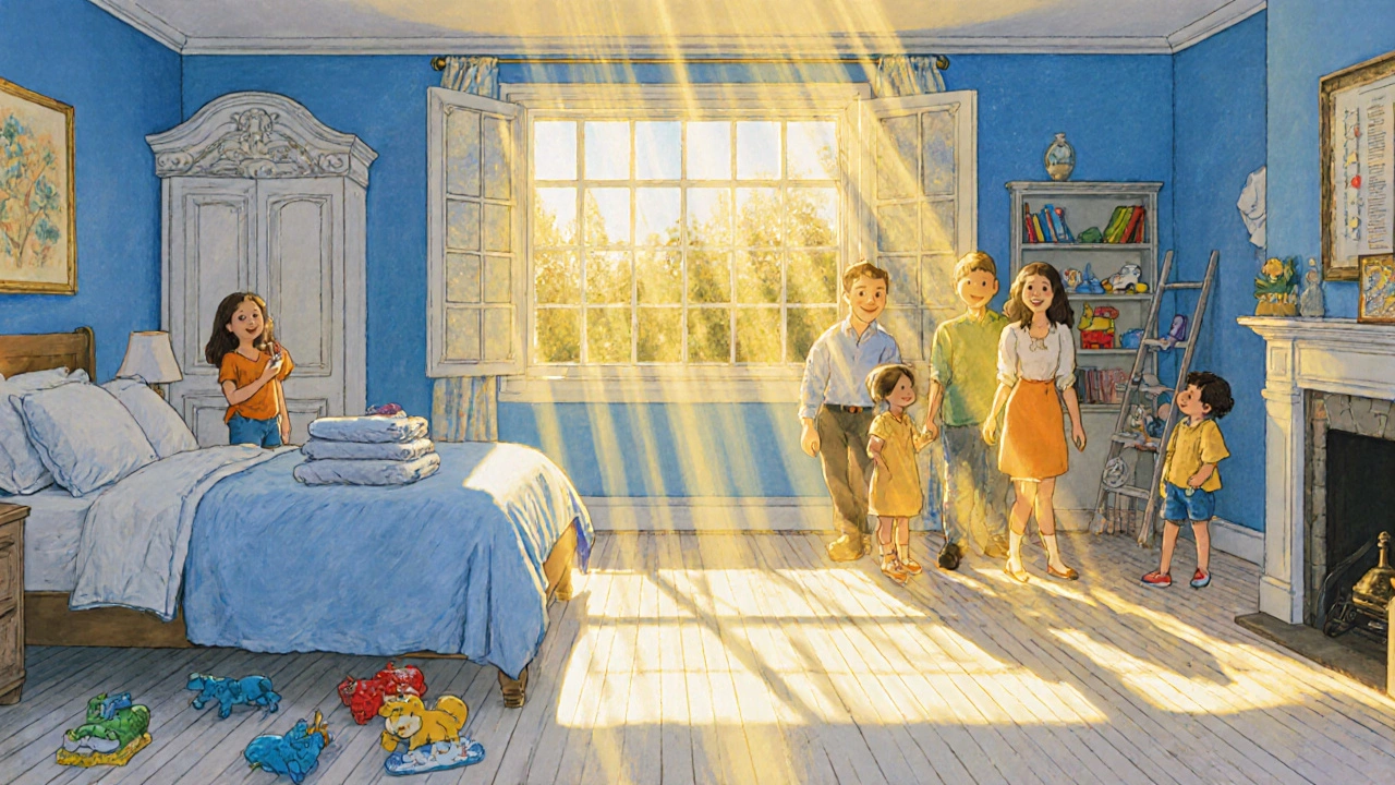 Maison propre, famille heureuse, fenêtres ouvertes, linge et jouets désinfectés.