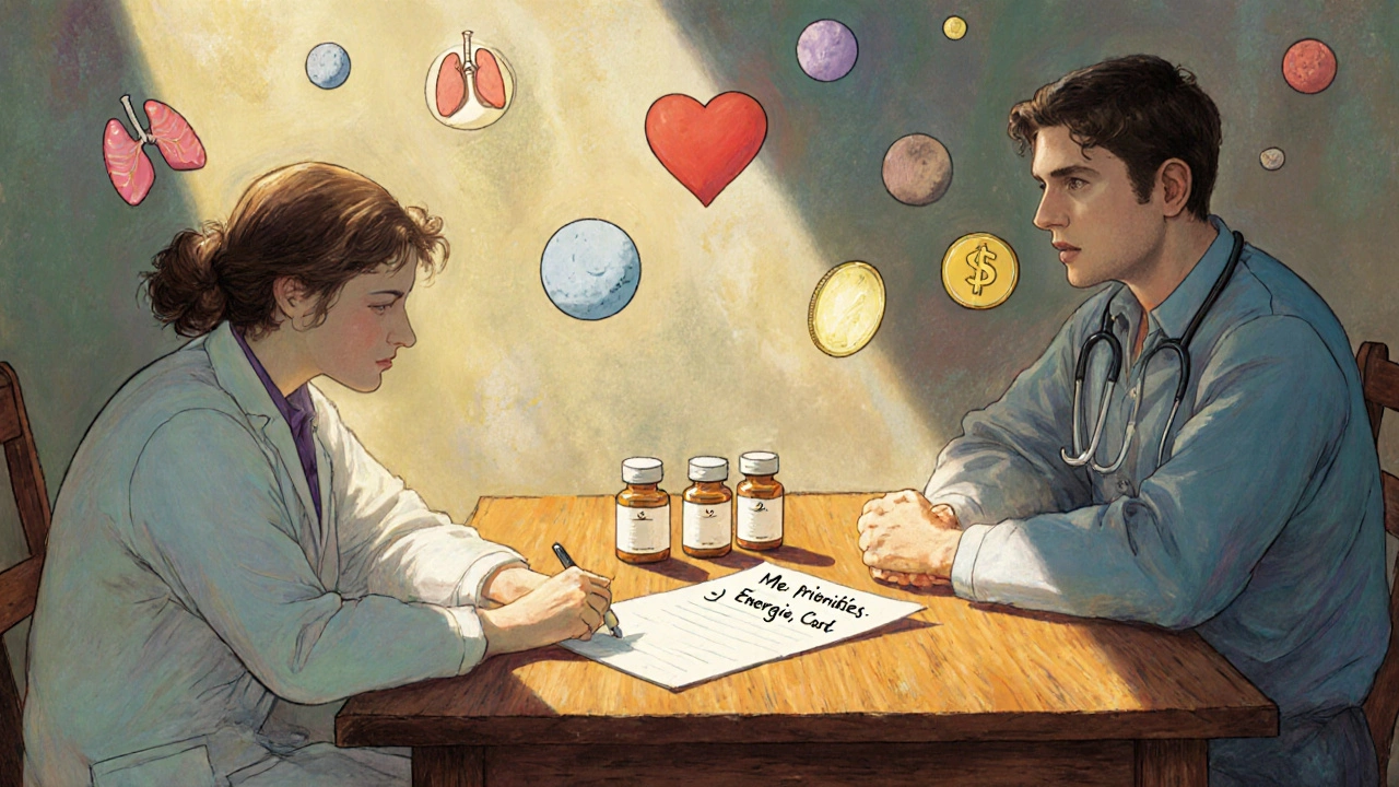 Médecin et patient discutant autour d&#039;une table avec des médicaments et des symboles visuels de leurs besoins.