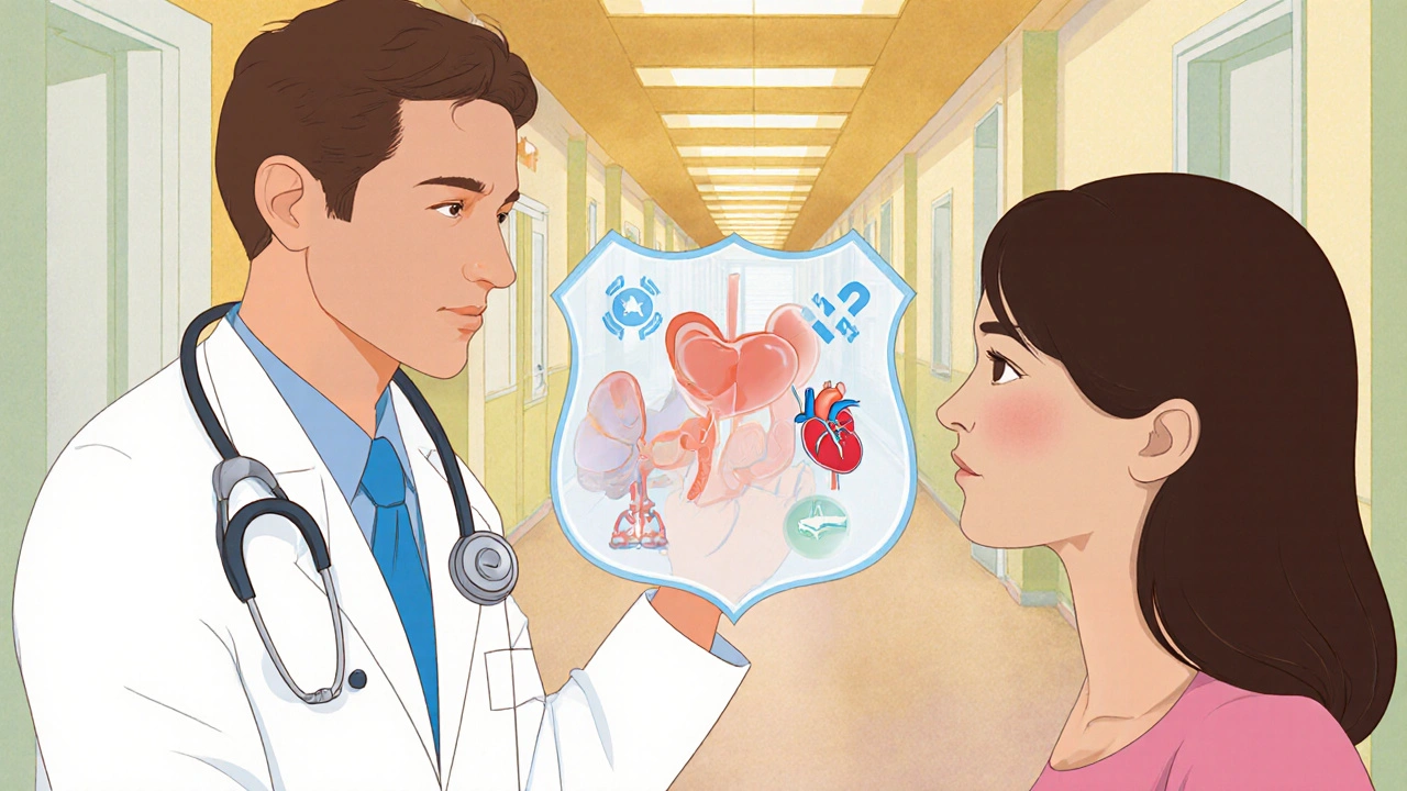 Médecin montrant un bouclier de précautions contre les risques gastriques et rénaux.