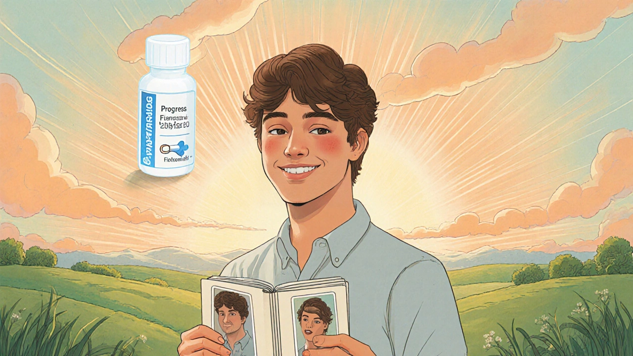 Patient souriant montrant des cheveux plus denses après traitement, avec symbole de finastéride en arrière‑plan.