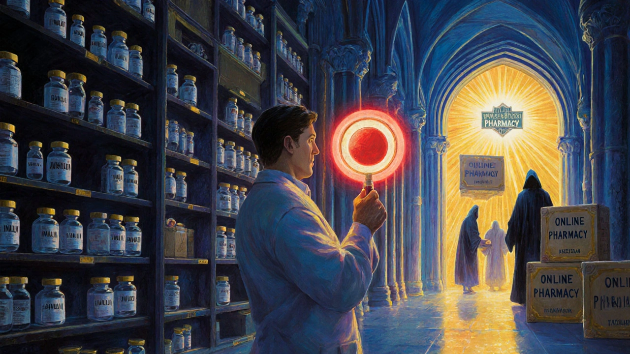 Pharmacien examine une pilule contrefaite qui émet une aura rouge, entouré de médicaments authentiques lumineux.