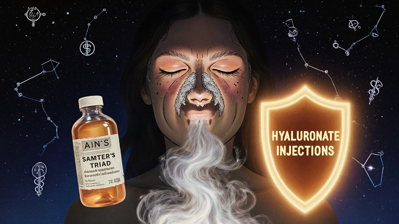 Représentation symbolique de la triade de Samter avec des polypes cristallins et un bouclier de traitement protégeant.