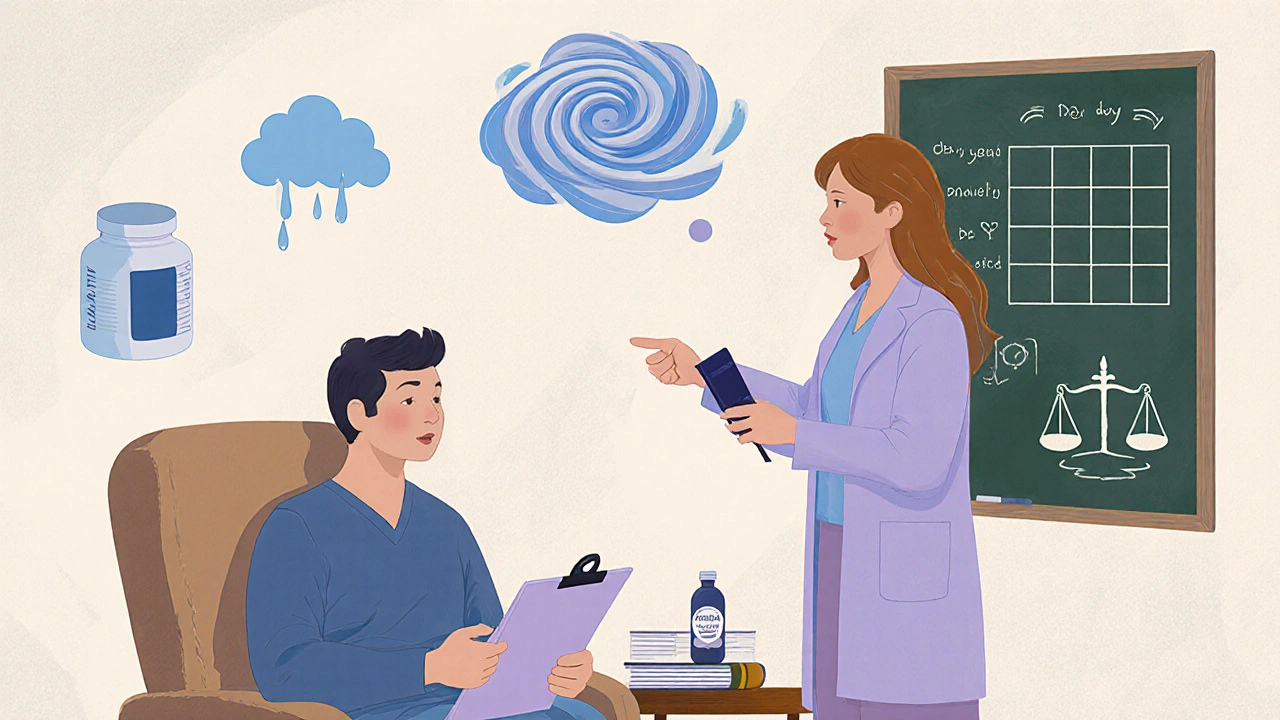 Scène de clinique où patient, psychiatre et thérapeute discutent, bouton d&#039;acamprosate présent.