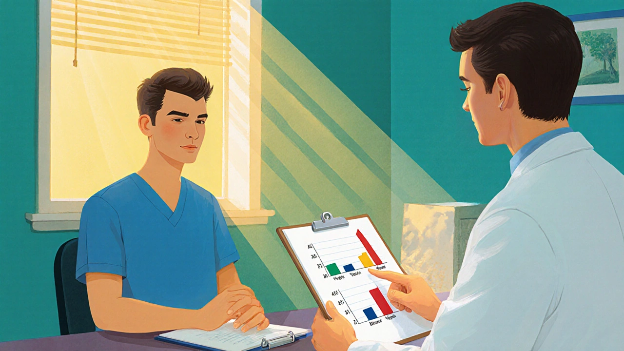 Scène de consultation médicale montrant le suivi des enzymes hépatiques.