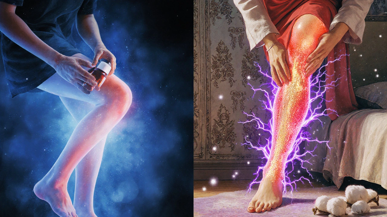 Scène divisée : douleur localisée à gauche, douleur diffusée à droite, avec une caresse de tissu déclenchant des étincelles de douleur.