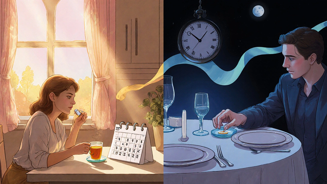 Scène divisée: femme prenant Femalefil le matin, homme prenant Stendra avant le dîner.