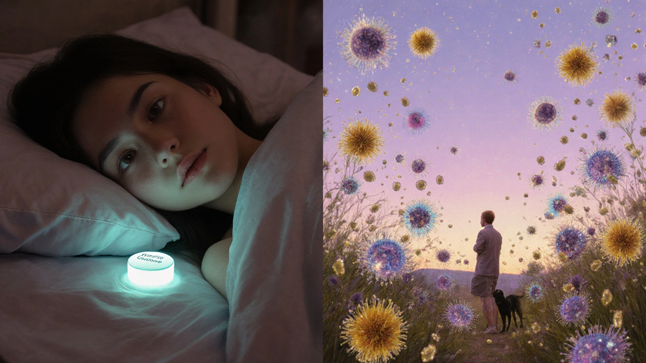 Scène symbolique contrastant sommeil paisible et exposition aux allergènes, sous un ciel crépusculaire lumineux.