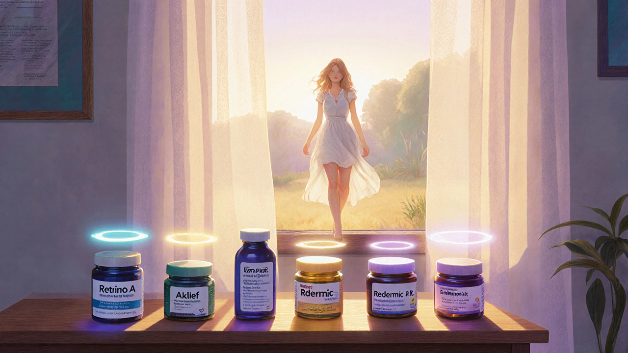 Six crèmes cosmétiques sur une table, émettant des halos de lumière selon leurs effets, à la fenêtre d’un cabinet médical au lever du jour.