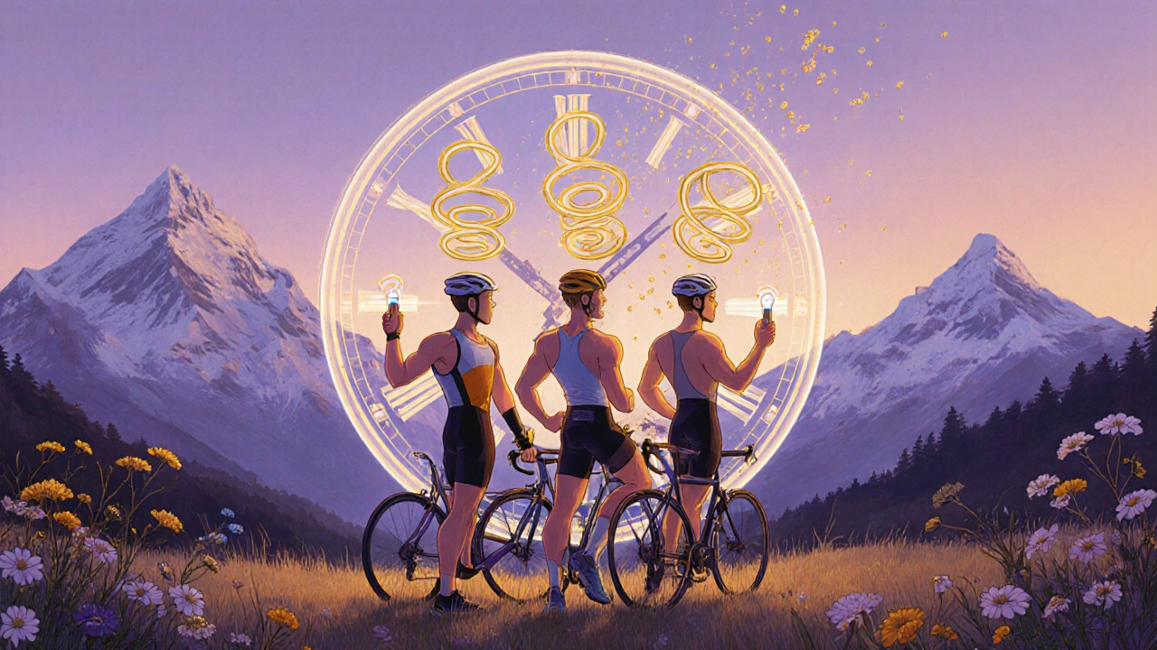 Trois athlètes dans un pré alpin, des spirales dorées émanent de leurs sprays nasaux, symbolisant une respiration optimale.