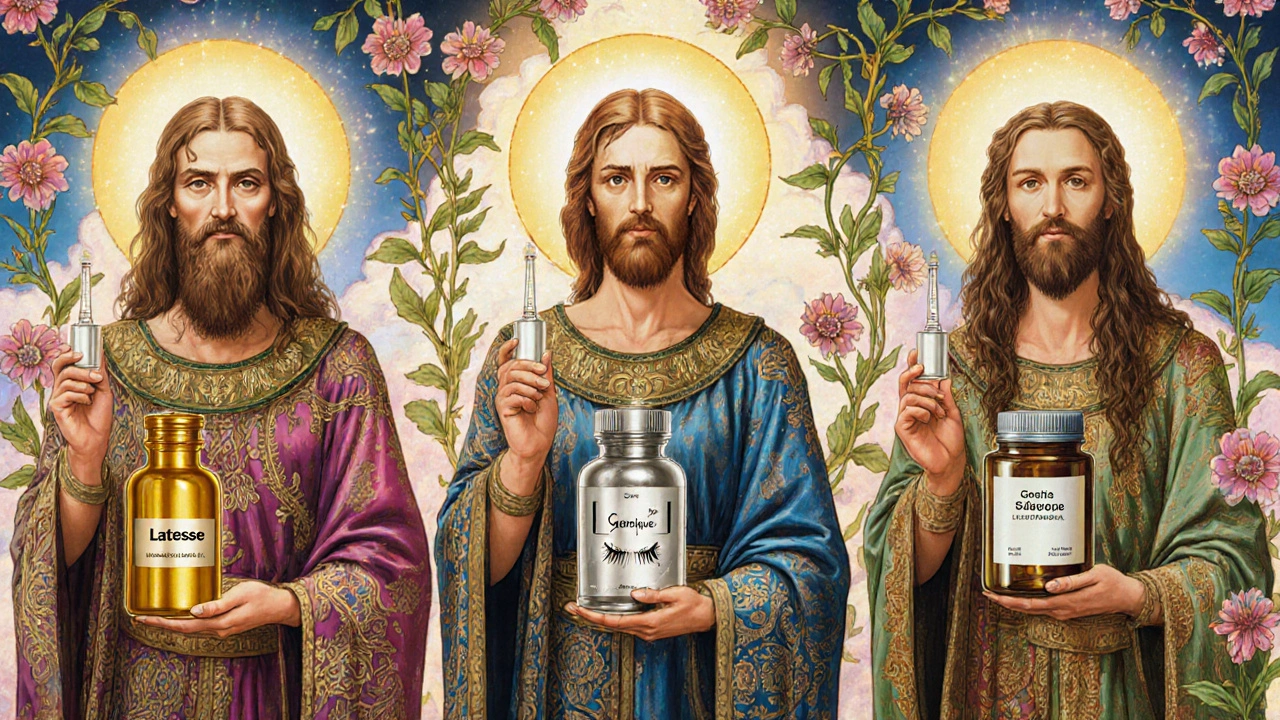 Trois figures symboliques avec des cils lumineux, comparant Latisse, un générique et l&#039;huile de ricin dans un jardin magique.