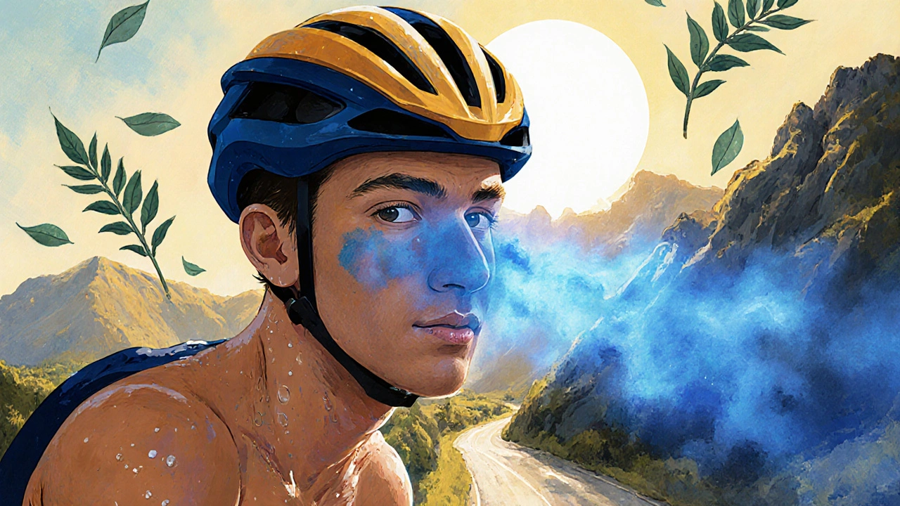 Un cycliste sur une montagne, avec des voies nasales transparentes comparant obstruction et clarté respiratoire.